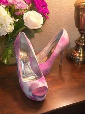 Y2K Pink Tie Dye Peep Toe Platform Heels Size 7 Barbiecore Coquette Glam